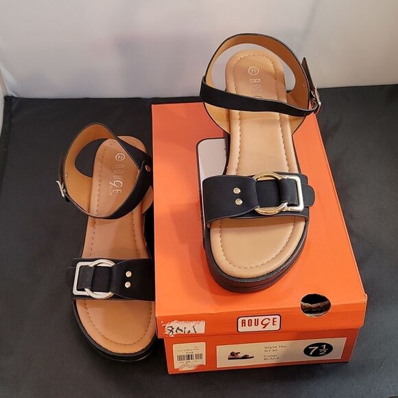 BRAND NEW ROUGE ADJUSTABLE BUCKLE DOUBLE STRAP OPEN TOE WEDGE SANDAL - Picture 16 of 16